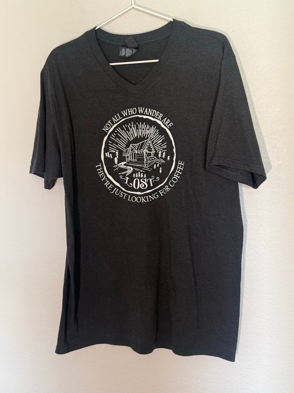 Wanderlust Cowgirl Coffee V Neck Graphic Tee Large Black Cabin Coffee Shirt